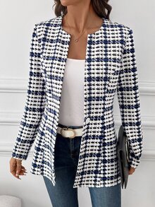 SHEIN Clasi Waist-Cinching Printed Colorblock Button Long Sleeve Blazer Jacket - Blue and White - View 5