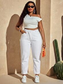 Slaydiva Quần jeans ống đứng cạp thẳng màu trơn có cúc và túi cho người size lớn - trắng - Xem 8