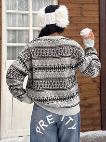 SHEIN EZwear 女款休閒舒適圓領淺灰色與黑色拼接長袖針織衫，秋冬款 - 灰色 - 查看 2