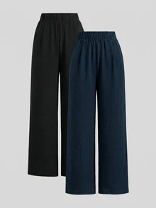 SHEIN PETITE CURVE 大尺碼直筒高腰素色百褶長褲 - 彩色 - 查看 2