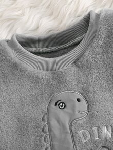 小男孩睡衣2件套 恐龍刺繡保暖柔軟親膚抓絨長袖褲家居服套裝 - 灰色 - 查看 4