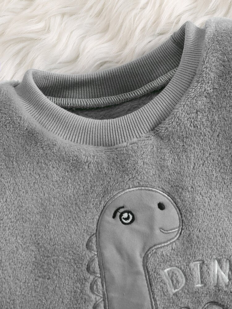 Young Boys Pajamas 2pcs Set Dinosaur Embroidered Warm Soft Skin-Friendly Fleece Long Sleeve Pants Loungewear Set - Grey - View 4