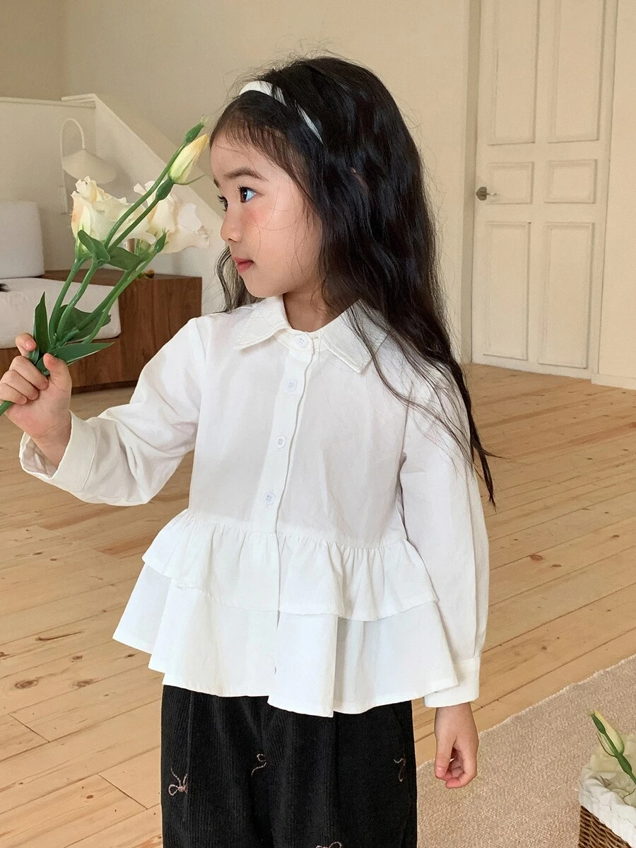 DAZY Infant Girl Solid Color Long Sleeve Top With Turn Collar And Ruffle Trim - White - View 1