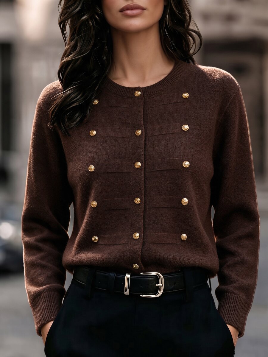EMERY ROSE Round Neck Vintage Striped Metal Button Knit Cardigan Sweater Jacket Winter - Coffee Brown - View 1