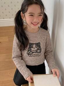 Dazy Kids 青少年女孩圓領長袖針織貓咪與字母圖案印花T恤 - 卡其色 - 查看 7