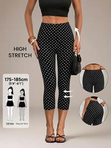 SHEIN Tall 高腰波點印花七分緊身褲 - 黑色 - 查看 3