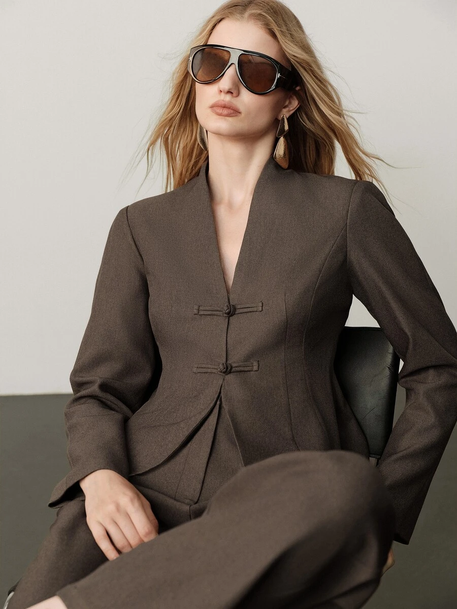 Aveloria Modichic Elegant Autumn/Winter Fashion Solid Color Diagonal Stripe Button Decor V-Neck Blazer With Pants Women Suit Set Office Dinner Dark Brown - Coffee Brown - View 1
