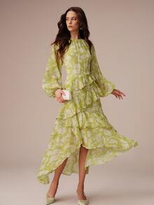 BELROSIE Women's Chiffon A-Line Dress With Side Multi-Layer Ruffle Trim, Asymmetrical High-Low Hemline, Lantern Sleeve Cuffs, Elegant Garden Tea Party Wedding - Multicolor - View 2