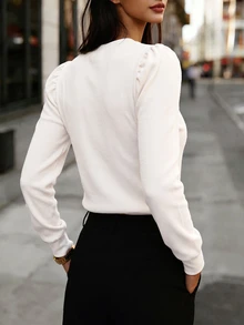 SHEIN LUNE 女款純色休閒百搭日常長袖T恤 - 白色 - 查看 2