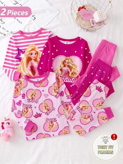 Girls Sweet Princess Style Light Pink Base With Rose Red Trim Cartoon Girl Heart All-Over Print Knit Fabric Comfortable Soft Fitted Round Neck Long Sleeve Pants 2 Pieces Set Spring Autumn Winter Loungewear Pajamas