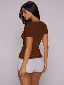 MUSERA ESSENTIALS Double Layered Sheer White Loose Fit Tee With Fitted Scoop Tank Underlayer  Spring Summer Cute Holiday Daily Everyday Back To School Vacation Office - Brown - View 4