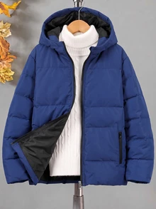 SHEIN 男童戶外運動保暖舒適簡約拉鍊純色防污黑色加厚外套 - 藍色 - 查看 4