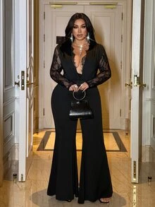 NU&NOW Plus Size Women's Lace Patchwork Bell Sleeve Jumpsuit With Deep V Lace Neckline, Suitable For Casual, Party, Evening, And Other Occasions To Showcase Charm - Black - View 1