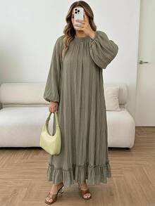 SHEIN CURVE+ 大尺碼女款純色百褶休閒派對洋裝 秋季 - 軍綠色 - 查看 4