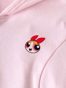 THE POWERPUFF GIRLS X SHEIN 兒童青少年女孩 2件組純色粉色抽繩連帽上衣與寬腿長褲套裝，休閒風格，適合春季/秋季日常穿著 - 粉色 - 查看 5