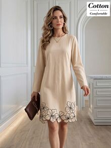 Medorina Women's Fashion Embroidered Long Sleeve Dress For Vacation And Dating - Apricot - View 4