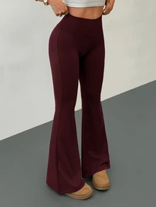SHEIN PETITE بنطلون طويل نسائي بلون موحد كاجوال متعدد الاستخدامات للارتداء اليومي - عنابي اللون - مشاهدة 5