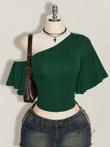 SHEIN ICON 女款素色不對稱肩休閒日常穿搭上衣 - 墨綠色 - 查看 1