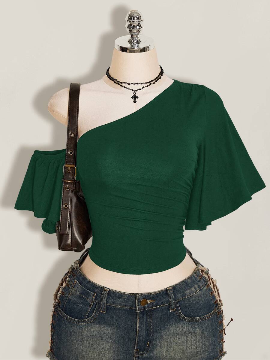 SHEIN ICON 女款素色不對稱肩休閒日常穿搭上衣 - 墨綠色 - 查看 1