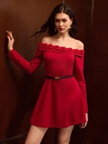 MOTF PREMIUM WOMEN'S AUTUMN/WINTER OCCASION WEAR OFF-SHOULDER SHORT DRESS FOR DATING - Red - View 6