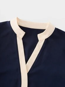 Balvessa Women's Contrast Color Stand Collar Blouse & Skirt Commuter Two Pieces Set - Navy Blue - View 4
