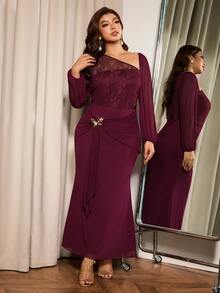 Elaquor Plus Size Women Solid Color Elegant Party Sheer Fitted Dress - Burgundy - View 4