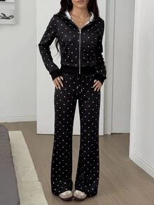 SHEIN EZwear 女款黑色波點印花修身開襟運動衫與喇叭褲休閒套裝，秋冬款 - 黑色 - 查看 4