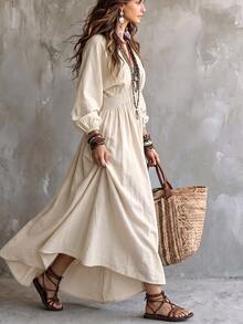 Breezaya Casual Boho Vacation V-Neck Long Sleeve Beige Women's Dress - Beige - View 5