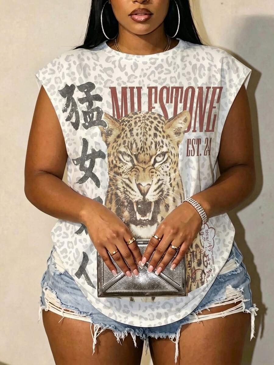 Slaydiva Vintage Loose T-Shirt, Leopard & Tiger Print, Y2K Style, Suitable For Daily Commute, Dating And Party, All Seasons Wearable - Multicolor - View 1