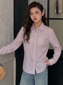 Dazy Kids Tween Girl) Striped Casual Collared Long Sleeve Autumn/Winter Basic Loose Shirt - Purple - View 5