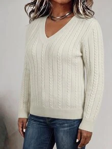Linhara CURVE Plus Size Women's Autumn/Winter Solid Color V-Neck Long Sleeve Cable Knit Versatile Pullover Sweater - Light Yellow - View 8