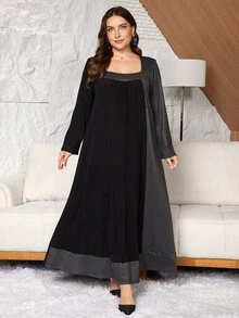Lacomfia 女款方領長袖波點拼接休閒舒適居家服秋冬大尺碼洋裝 - 黑與白 - 查看 6