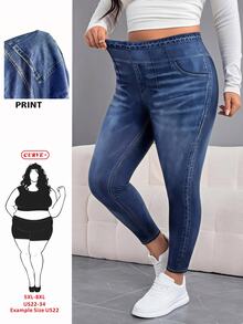 SHEIN CURVE+ بنطلون كاجوال مقاس كبير بجيوب وأزرار وتصميم ممزق بقصة ضيقة للارتداء اليومي، خريف وشتاء 2026 22W - الأزرق - مشاهدة 6