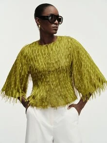 Aveloria Modichic Women's Blouse Slim Fit Flare Sleeve Fringe Textured Button Front Round Neck Modern Green Blouses For Women Green Top Fringe Top Fall Tops - Green - View 4