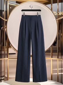 Modelyn Commuter Elegant Striped Criss-Cross Design Metal Button Decor Wide Leg Long Pants - Navy Blue - View 2