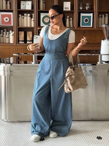 Rivivi Summer New Sexy Loose Print Striped Plus Size Denim Jumpsuit - Blue - View 5