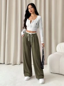 SHEIN PETITE Women's Color Block Casual Daily Wear Long Pants,Ladies Spring/Fall Casual Drawstring,Pocket Natural - Green - View 7