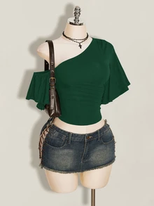 SHEIN ICON 女款素色不對稱肩休閒日常穿搭上衣 - 墨綠色 - 查看 8