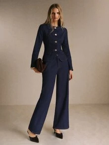 SHEIN BAE 女款修身牛仔西裝外套與長褲套裝，鈕扣前襟、翻蓋口袋，優雅通勤辦公風 - 深色水洗藍 - 查看 4