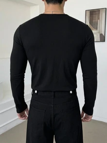 DAZY Men's Textured Fabric Solid Color Basic Half-Placket T-Shirt - Black - View 2