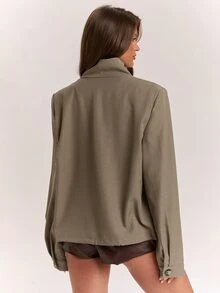 SHEIN BAE Jaket Kasual Wanita Warna Polos Lengan Panjang Desain Tumpang Tindih dengan Dekorasi Kancing - Mocha Brown - View 2