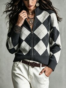 SHEIN 女款格紋長袖立領拉鍊針織開襟衫，適合秋冬穿著 - 彩色 - 查看 3