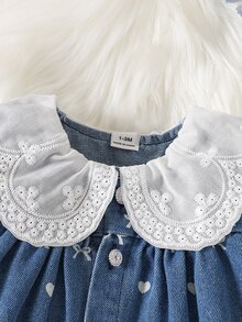 SHEIN 3件組女嬰新生兒上衣打底褲套裝，甜美優雅藍白蕾絲蝴蝶結愛心設計，長袖彼得潘領，休閒款，適合假日、秋季、婚禮賓客穿著，時尚風格 - 藍色 - 查看 6