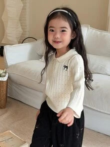 DAZY 女嬰刺繡蝴蝶結裝飾 Polo 領鏤空針織毛衣 - 白色 - 查看 8