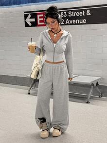 StreetHx Women's Casual Street Daily Light Gray Comfortable - Jacket + Pants - Autumn/Winter Mix & Match Free - Sports Campus Two Pieces Sweatshirt Set - Grey - View 6