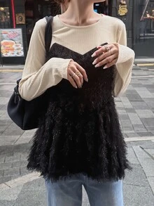 FRIFUL 女款法式風格流蘇亮片二合一長袖T恤 - 黑色 - 查看 3