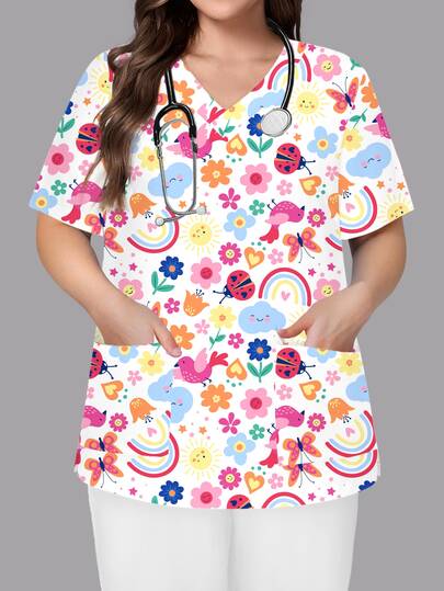 PopScrub Blusa de mujer talla grande con cuello en V, manga corta y doble bolsillo, diseño lindo de insecto, flor y arcoíris con estampado de pintura de dibujos animados, uniforme de trabajo para enfermera, laboratorio y doctora, top funcional multi-bolsillo para vacaciones, linda