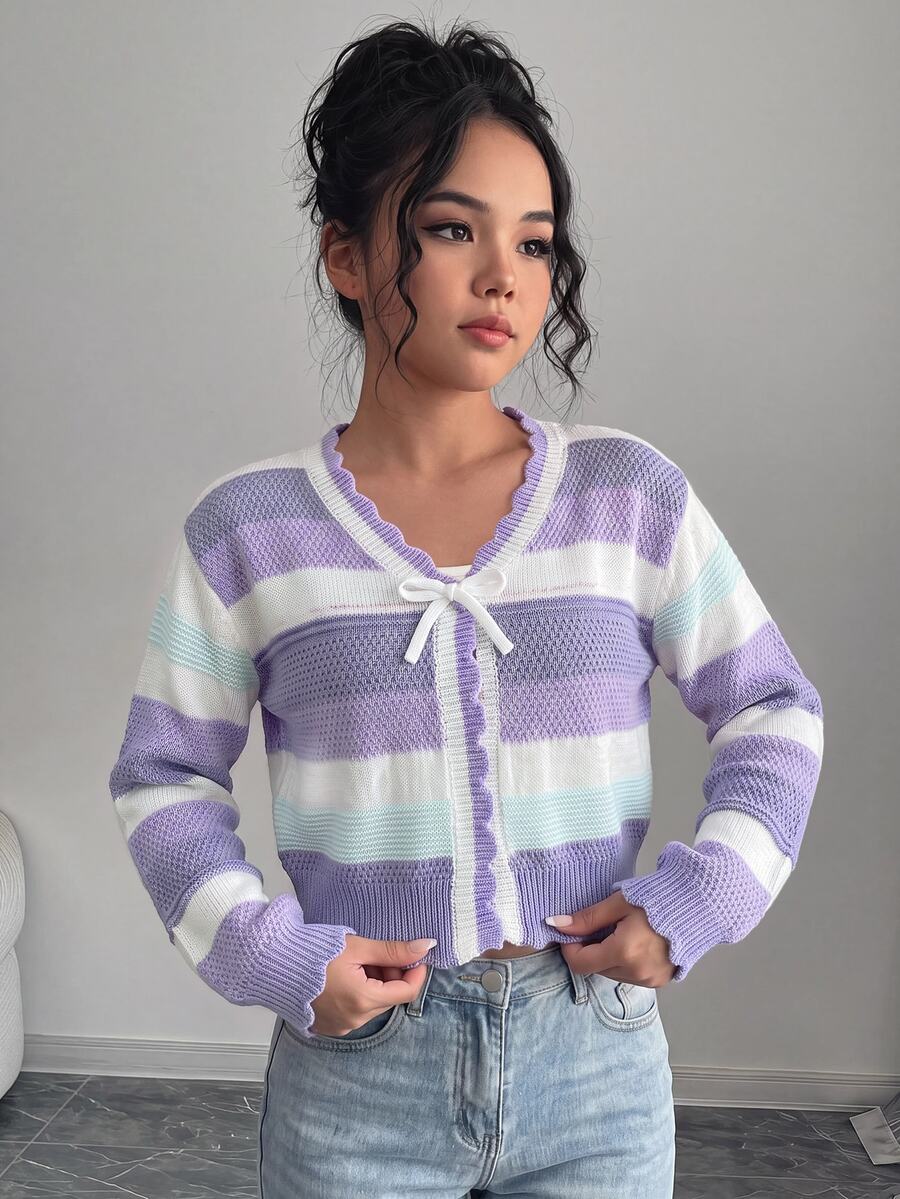 SHEIN 少女鏤空條紋彩色針織開襟衫,休閒街頭風,度假海灘、派對場合適用,舒適百搭柔軟,秋冬款 - 彩色 - 查看 1