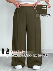 SHEIN CURVE+ 大尺碼女款純色百褶長褲，黑色寬鬆寬腿褲，Curve Plus，Hoho Vacation - 軍綠色 - 查看 1