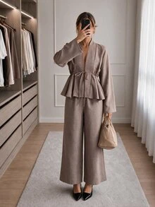 Easowa Women's Solid Color Pleated Long Sleeve Top And Pants Casual Daily Two Pieces Set - Khaki - View 2